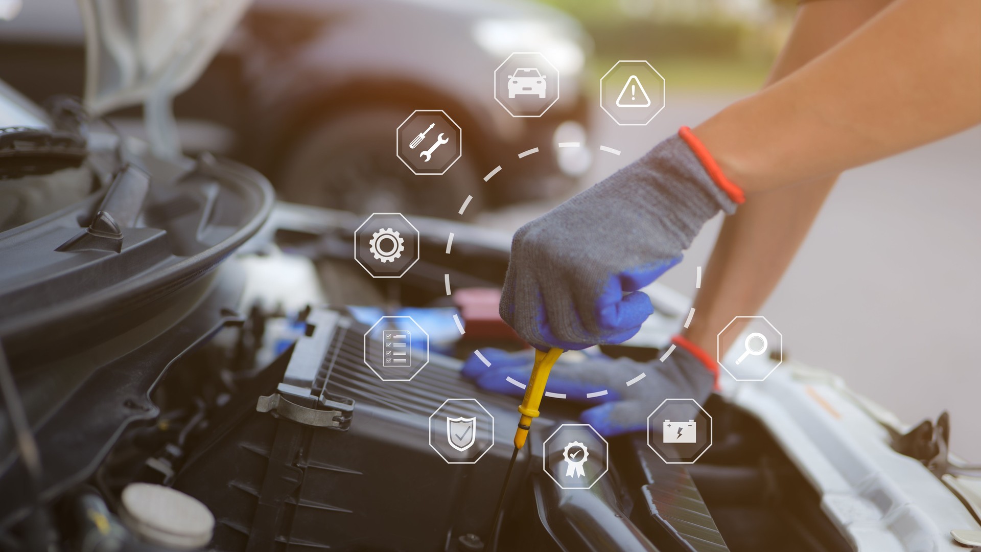 Inspektions- und Wartungskonzept des Fahrzeugs. Mann prüft den Stand des Motoröls. Fahrzeugwartung, Automechaniker, Bedingungen für die Reparatur von Autoteilen nach dem Standardprozess, Bedingungen der Kundendienstgarantie